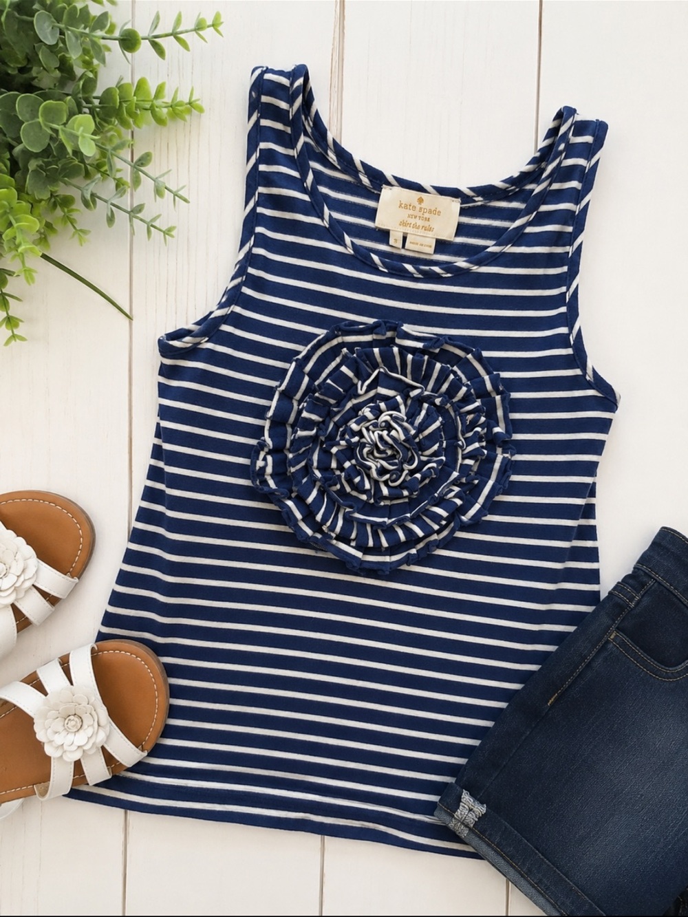 Kate Spade Saturday Girls Blue White Striped Rosette Tank Top Size 6 (kids)